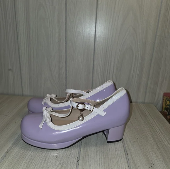 Jingpin Womens Lavender Pin Up Girl Mary Jane Shoes Block Heel Bow Pearl Charm - Picture 8 of 10